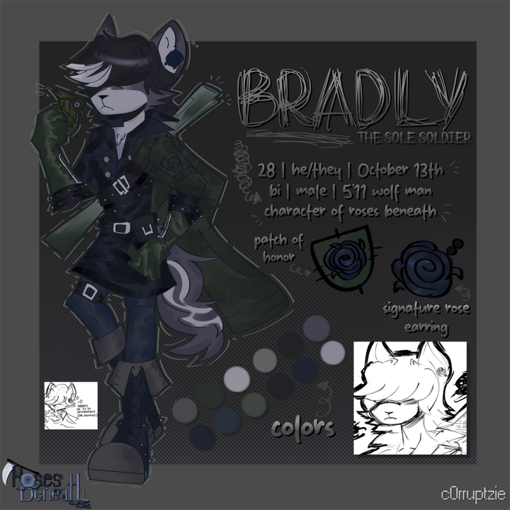 character design of my original character Bradly for my indie series project Roses Beneath