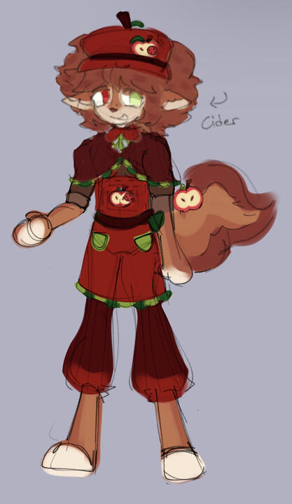 character design of my original character Cider The Squirrel for my indie series project Roses Beneath